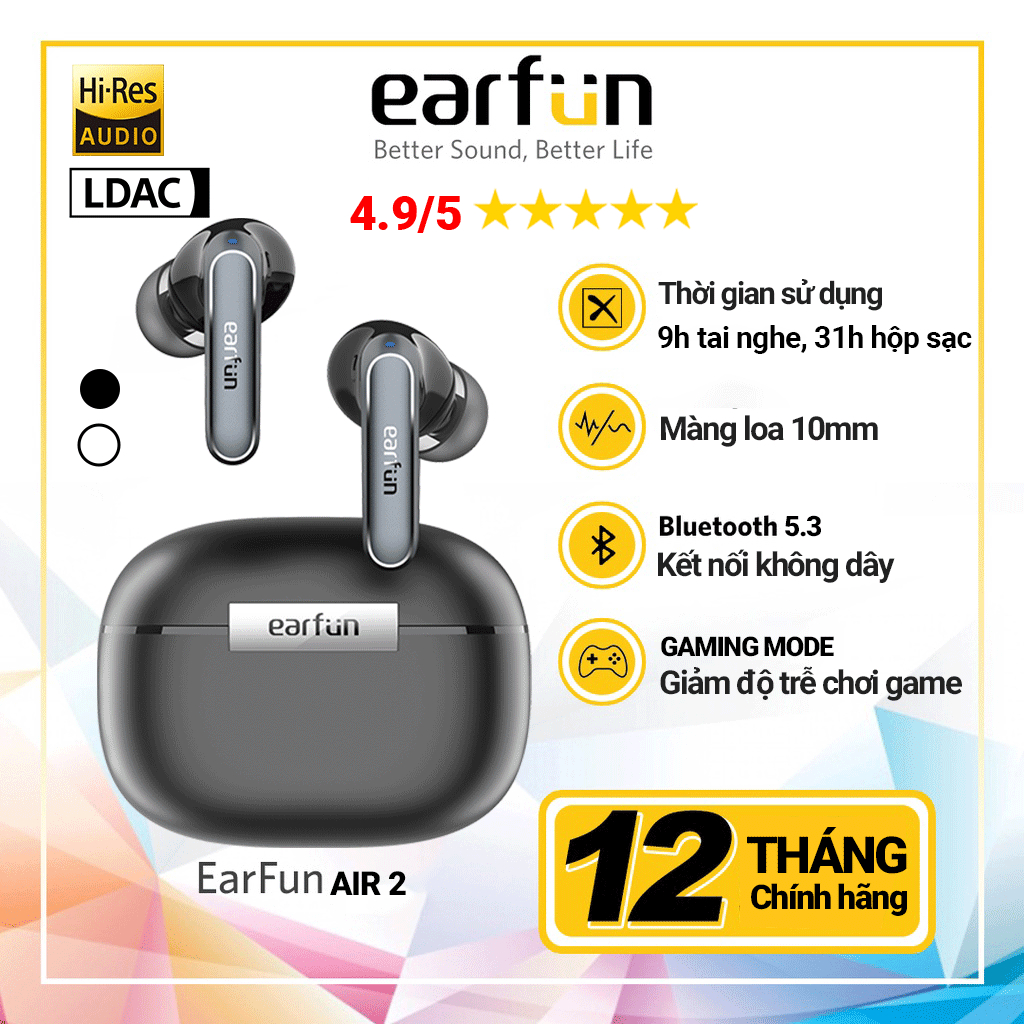 Tai Nghe Bluetooth Earfun Air 2 Âm Thanh Hi-Res LDAC Chống Nước IPX7 Pin 40H