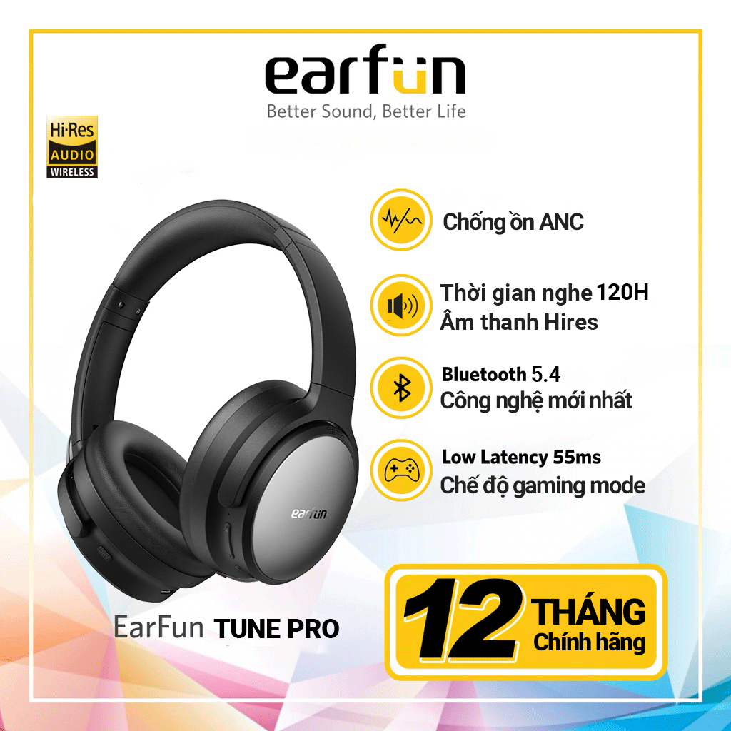 Tai Nghe Chụp Tai Bluetooth Earfun Tune Pro Chống Ồn ANC 45db Âm Thanh Hi-Res Pin 120H Dual Driver