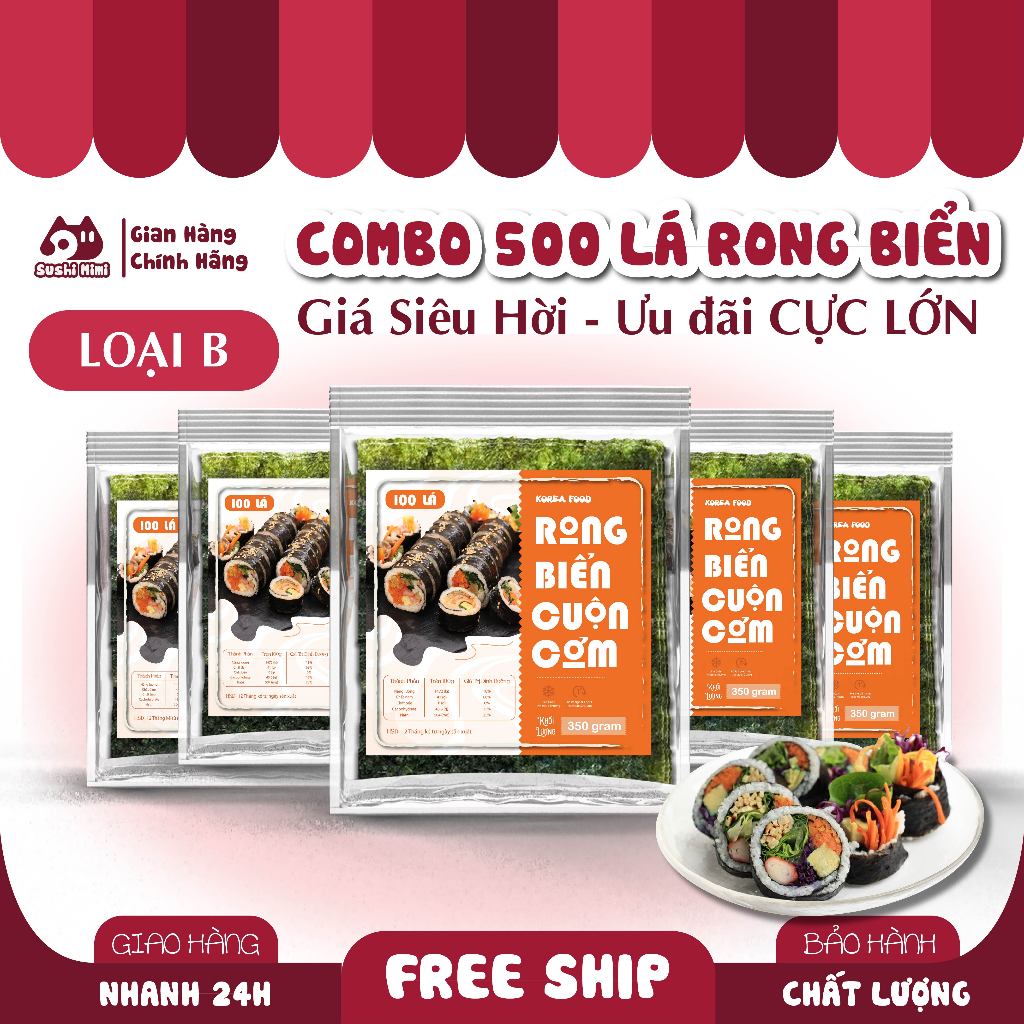 {GÓI 100 LÁ loại B} Rong Biển Cuộn KIMBAP SUSHI MIMI lá dài to, cắt được nhiều lát - Rong Biển Cuộn 