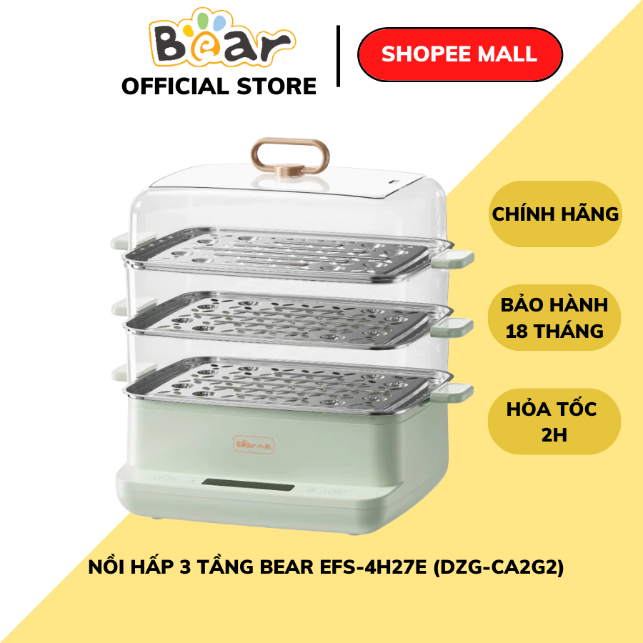 Nồi hấp điện 3 tầng 12L mini Bear EFS-4H27E (DZG-CA2G2), 800W, Xửng hấp Inox-Có hẹn giờ, BH 18 Tháng