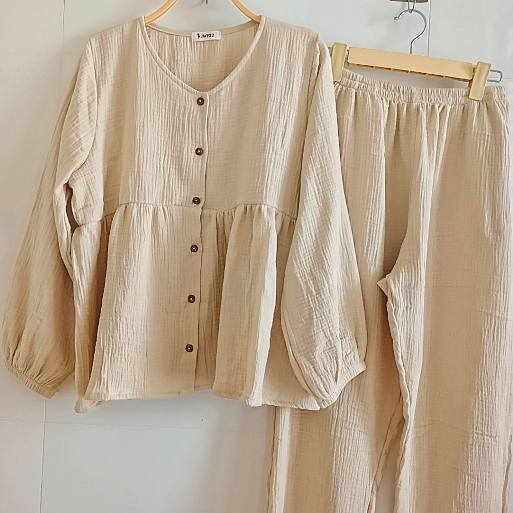 Bộ dài mặc ngủ xô muslin màu trơn