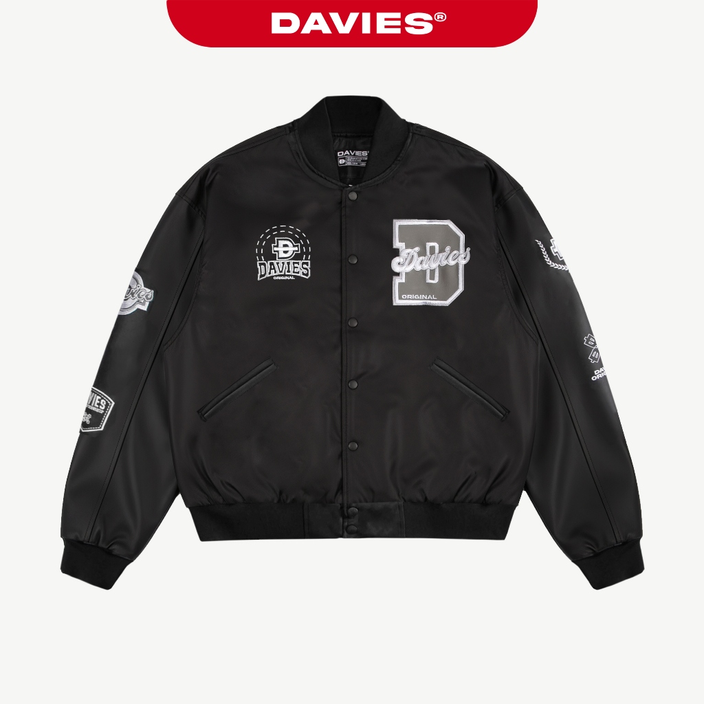 Áo varsity jacket nam nữ dù DAVIES logo thêu dù nổi, thêu da nổi, tay phối da màu đen Varsity Jacket