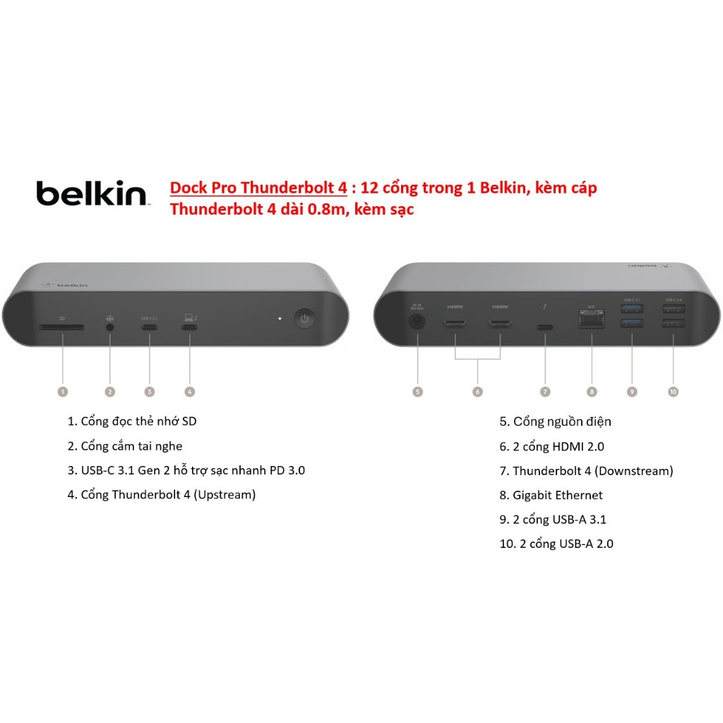 [Chính hãng belkin] Dock Pro Thunderbolt 4: 12 cổng trong 1 Belkin, kèm cáp Thunderbolt 4 dài 0.8m, 