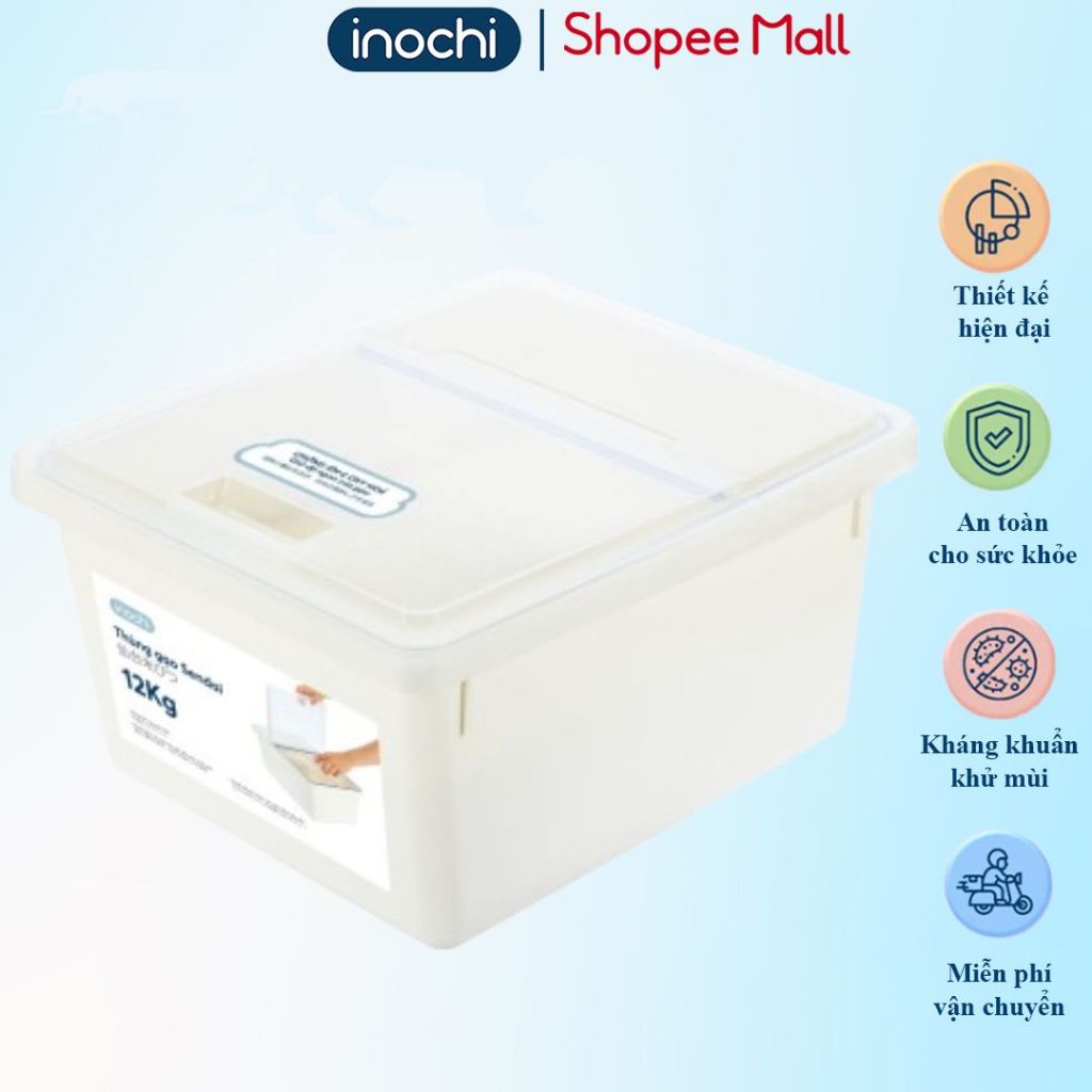 Thùng đựng gạo thông minh INOCHI 12kg, chống ẩm mốc/oxi hóa gạo, thiết kế nắp kèm cốc đong tiện lợi.