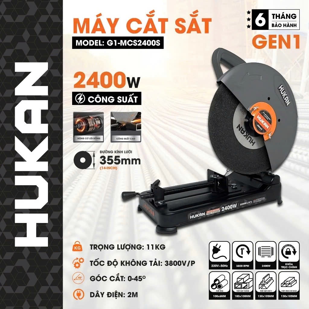 Máy cắt sắt bàn HUKAN G1-MCS2400S, Cắt sắt Linktop, Công suất 2400w, Góc cắt 0-45 độ - Đĩa 355mm - K