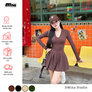 Đầm thun tay dài Dmina dáng xoè phối cổ V dễ thương sexy