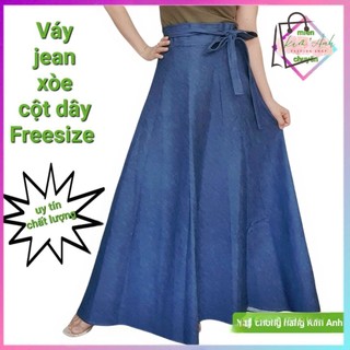 Váy Chống Nắng  JEAN Xòe  dày dặn Cột Dây, kèm miếng dán to Freesize  váy dài 100cm.