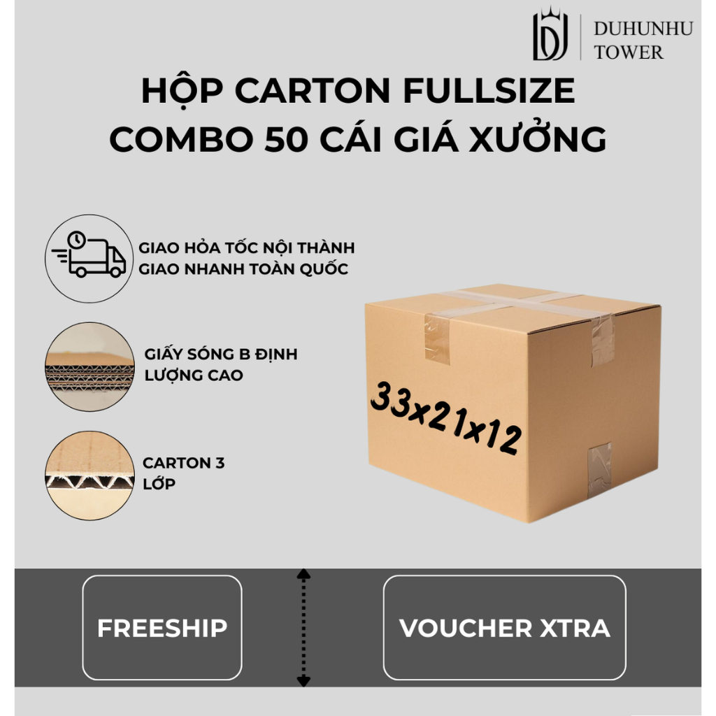 Combo 50 thùng carton 33x21x12 cao cấp giá xưởng, thùng carton ship cod giá rẻ