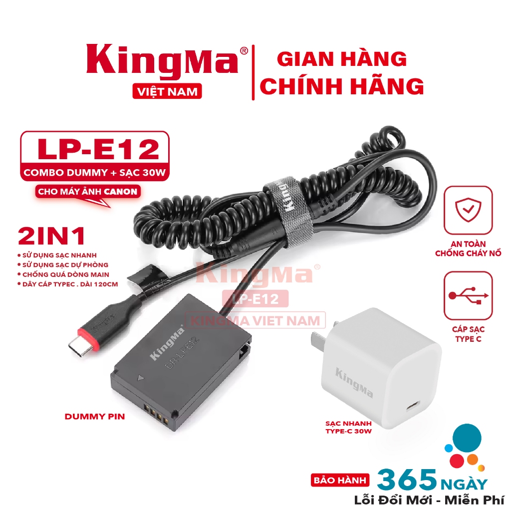 Combo Dummy Pin LP-E12 và Củ Sạc Nhanh PD 30W Chính Hãng KINGMA. Cho Canon LP-E12 ( Bảo Hành 12 Thán