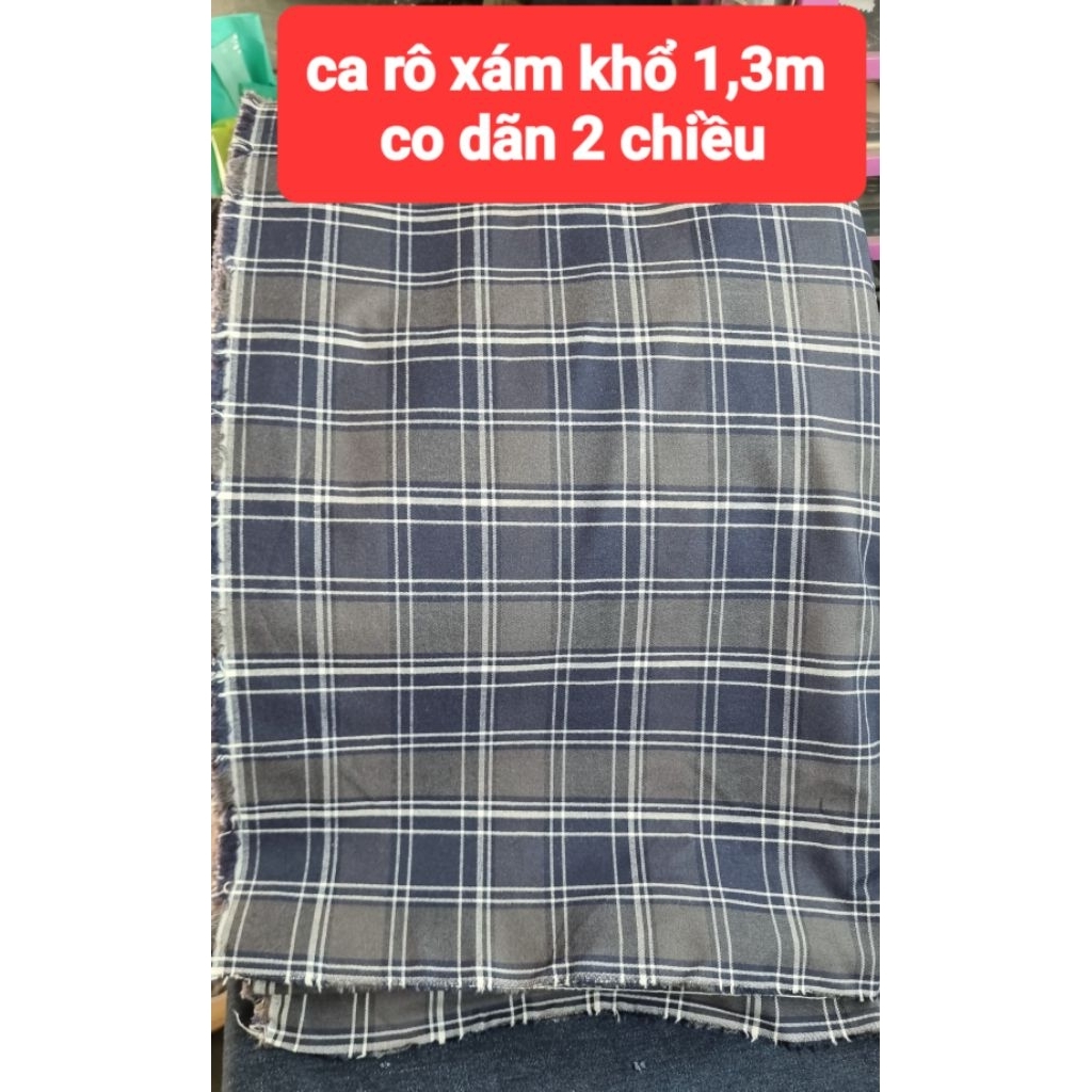 vải kaki co dãn ca rô xanh xám