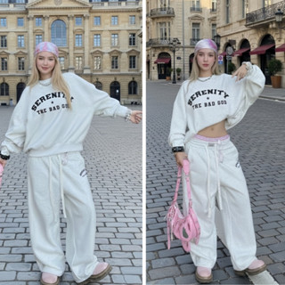  Sét bộ nỉ lông cáo cổ tròn phối quần dài ống xuông in chữ Serenity form rộng unisex 