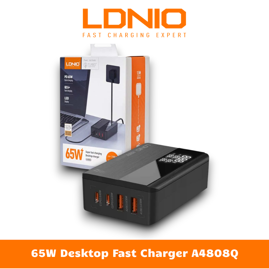 Bộ Sạc Đa Năng 65W Với 2 Cổng USB + 2 Cổng Type-C LDNIO A4808Q - Phù Hợp Sạc Cho Laptop, Điện Thoại