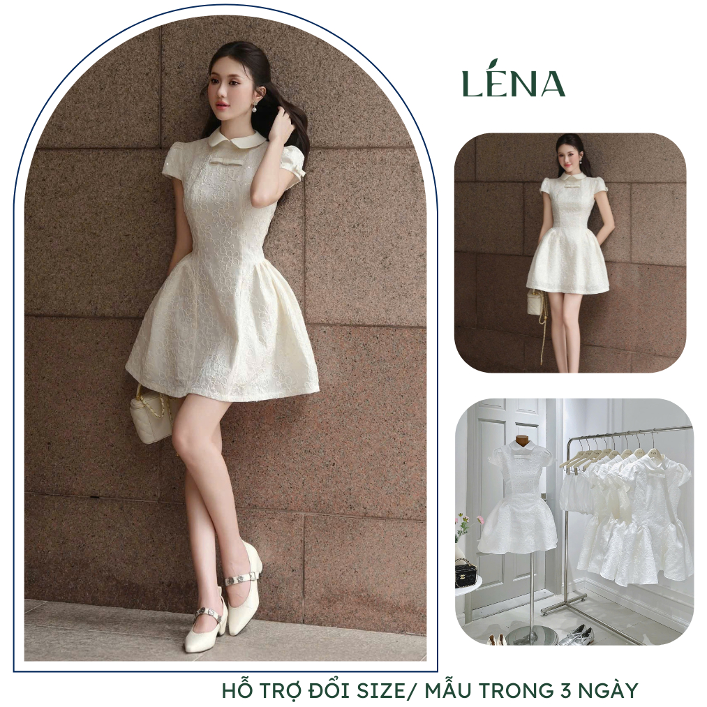 (Có Bigsize) LENA 3159 Đầm ren thêu tay phồng cổ sơ mi dáng xòe tiểu thư, Váy sơ mi ren trắng