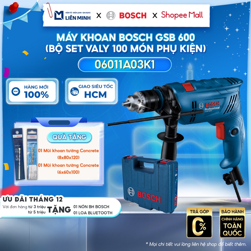 GSB 600 SET (06011A03K1) -  Máy Khoan Động Lực Bosch GSB 600 SET - Bộ Phụ Kiện 100 Món