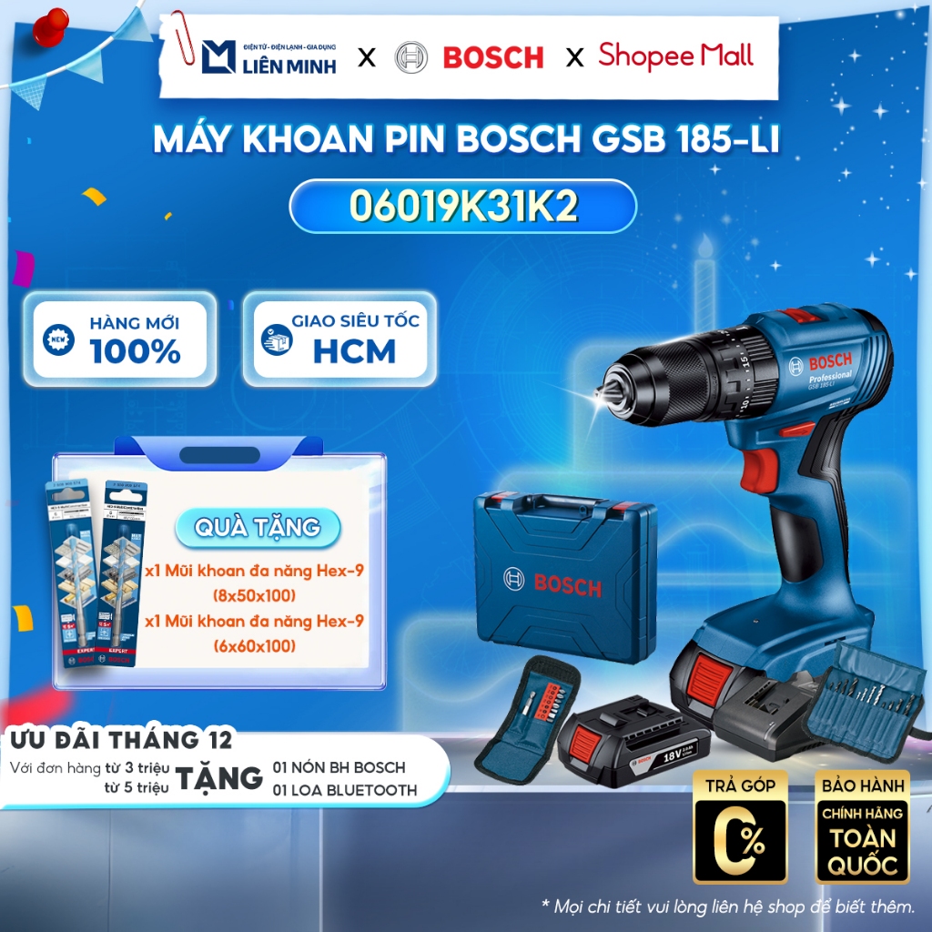 [Hỏa Tốc HCM] - (06019K31K2) Máy Khoan Pin Bosch GSB 185-LI - 2 Pin, Phụ Kiện 23 Chi Tiết