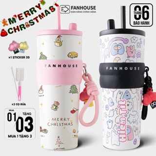  Bình giữ nhiệt khắc tên Fan House bình nước giữ nhiệt 12h inox 316 ống hút tiện lợi 710ml tặng charm 3d bộ rửa bình 
