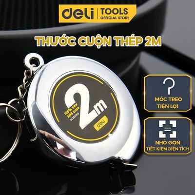 Thước cuộn thép 2m Deli độ chính xác cao, thước kép dạng móc khóa có đầu treo tiện lợi nhỏ gọn bỏ túi