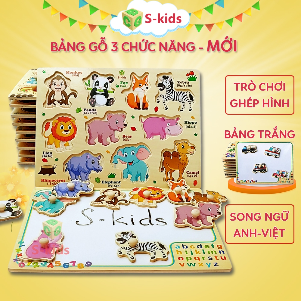Đồ Chơi Trẻ Em S-Kids, Bảng Ghép Hình Núm Gỗ Thông Minh Cho Bé Kết Hợp Bảng Trắng Viết Lông.