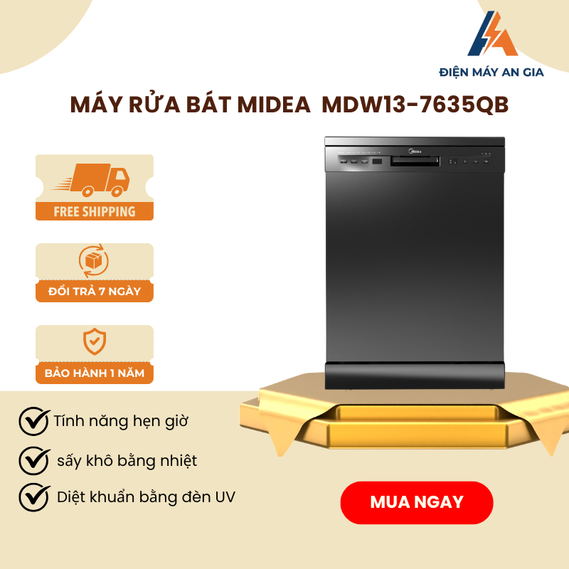 Máy Rửa Bát Midea MDW13-7635QB – Công Nghệ Sấy Nhiệt Turbo – Bộ Lọc Chống Vi Khuẩn – PEB