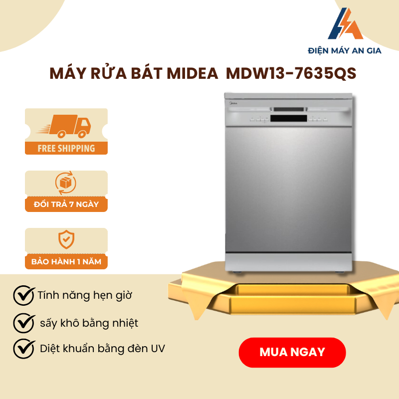 Máy Rửa Bát Midea MDW13-7635QS – Công Nghệ Sấy Nhiệt Turbo – Bộ Lọc Chống Vi Khuẩn – PEB – PEB
