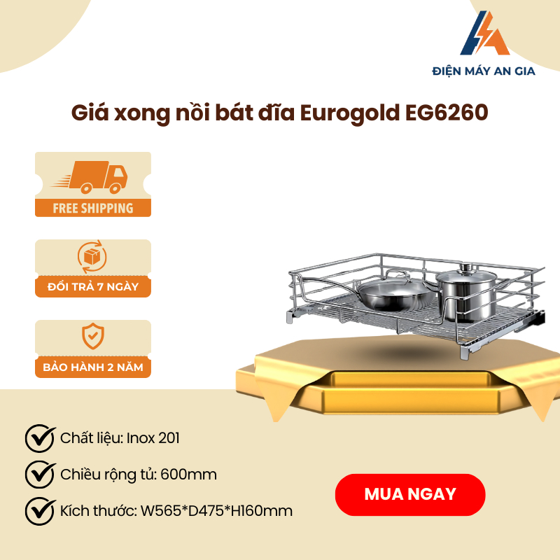 Giá Xoong Nồi – Bát Đĩa Eurogold EG6260 – Inox 201 Mạ Crom, Nan Tròn, Chắc Chắn Cho Tủ Bếp – PEB