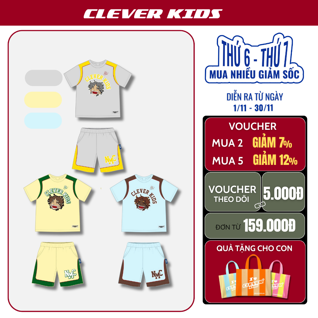 Set Nhóc Squad CLEVER KIDS - Chất Premium Thoáng Mát [ Size từ 15kg - 60kg]