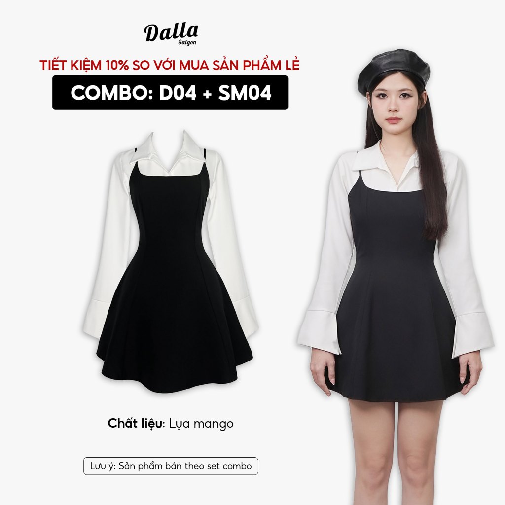 DALLA Combo đầm cô vuông xòe và sơ mi xẻ tà (D04+SM04)