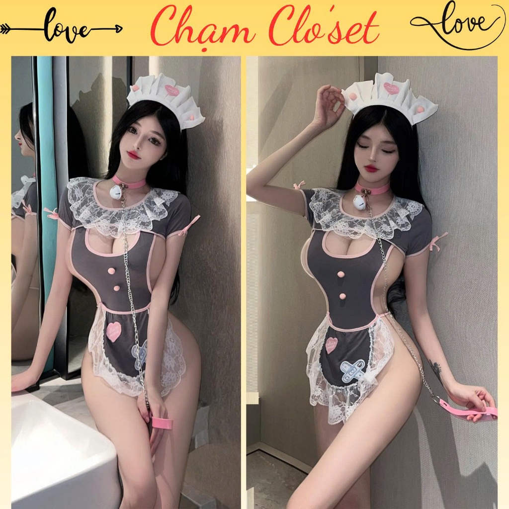 H33- TẶNG KÈM TẤT-Bộ Cosplay Hầu Gái Tiểu Thư Gợi Cảm Dễ Thương Phối Chuông, Đồ Ngủ Cosplay Hầu Gái 