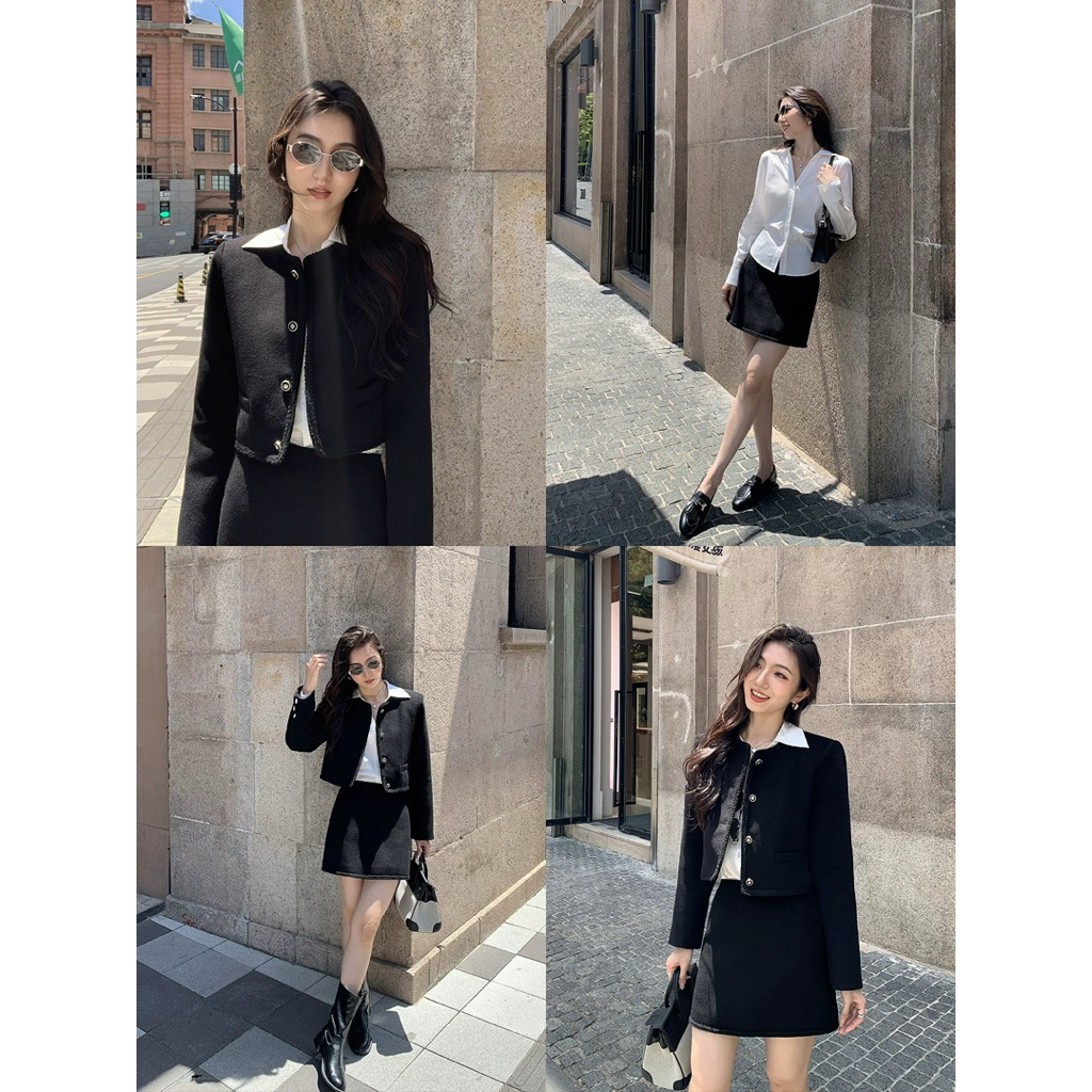 Set Áo Dạ và Chân Váy Ngắn Viền Đen Đính Cúc Xinh Xắn - Calie Dress