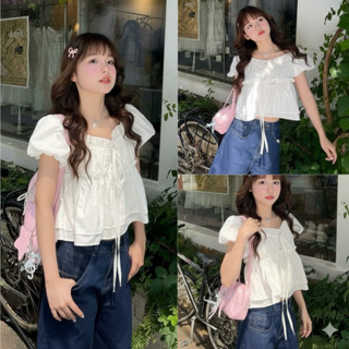  Áo kiểu babydoll cổ vuông tay phồng phối bèo trắng dáng nữ chất voan bay nhẹ xinh VANISA CT431 