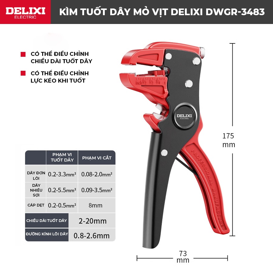 Kìm Tuốt Dây Điện Mỏ Vịt Đa Năng DELIXI Tuốt Nhanh 0.2–6mm², Tùy Chỉnh Độ Dài, Không Làm Hỏng Lõi