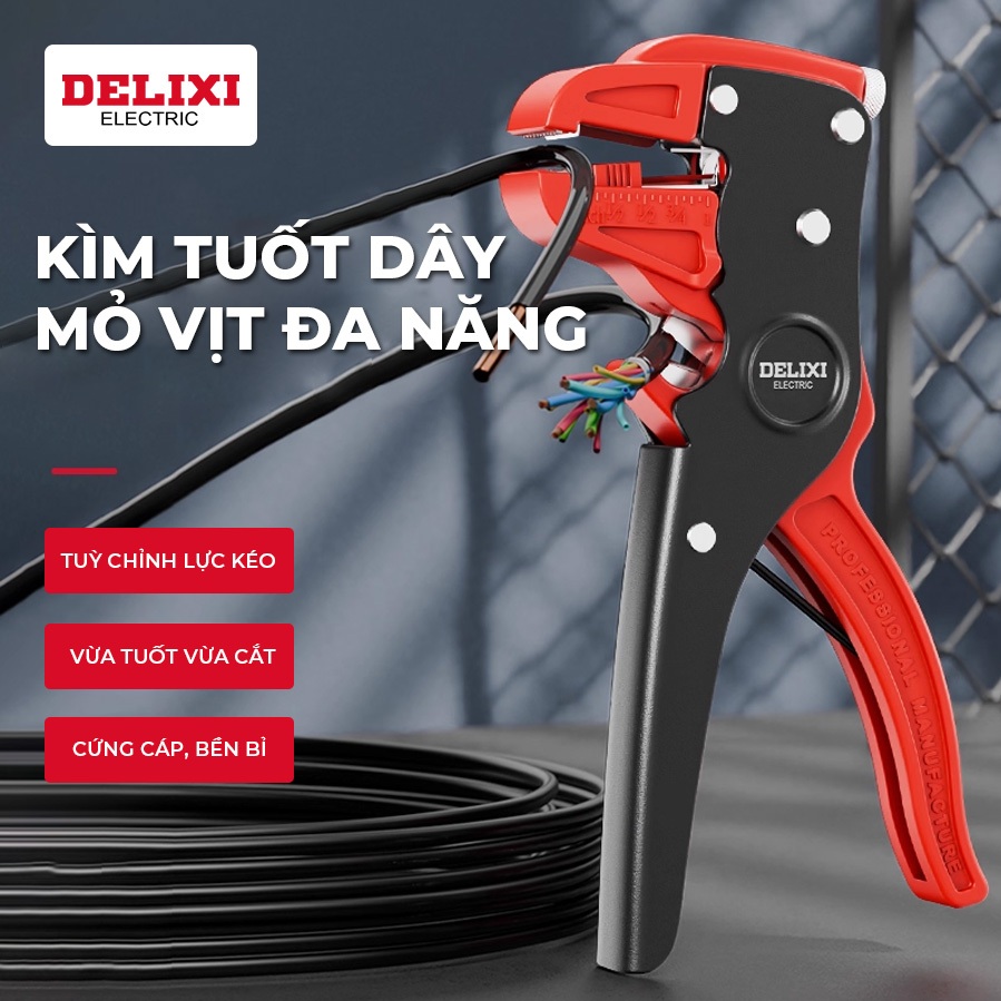 Kìm Tuốt Dây Điện Mỏ Vịt Đa Năng DELIXI Chỉnh Độ Dài 0.2 – 6mm² Kềm Tuốt Nhanh, Không Hỏng Lõi