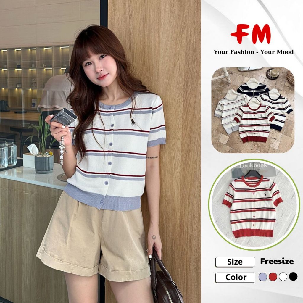 Áo Len Dệt Kim Tay Ngắn FMSTYLE SHOP – Form Ôm Kẻ Ngang, Thêu Ngựa Độc Đáo 25090069