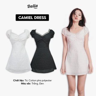  DALLA Đầm cổ tim viền ren nhún ngực tay bồng  D16  Camiel Dress 