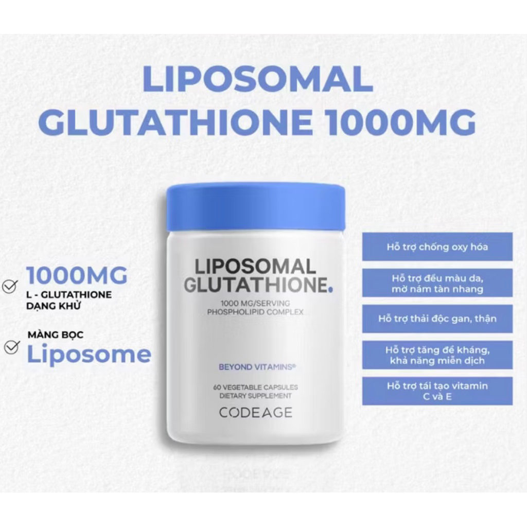 Viên GLU 1000mg Liposomal Glutathione 1000mg Codeage 60 viên - [ Nhập khẩu - chính hãng ]