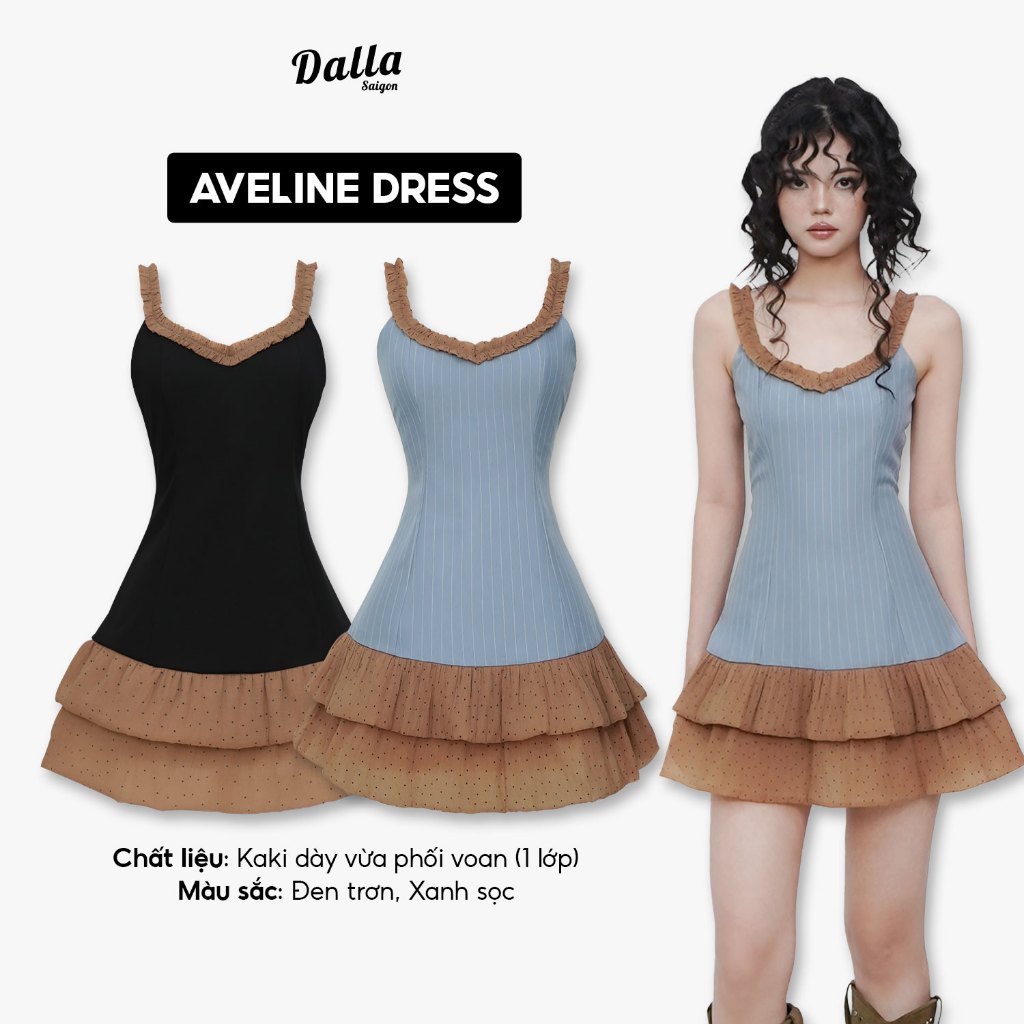 DALLA Đầm 2 dây vintage phối tầng (D43)