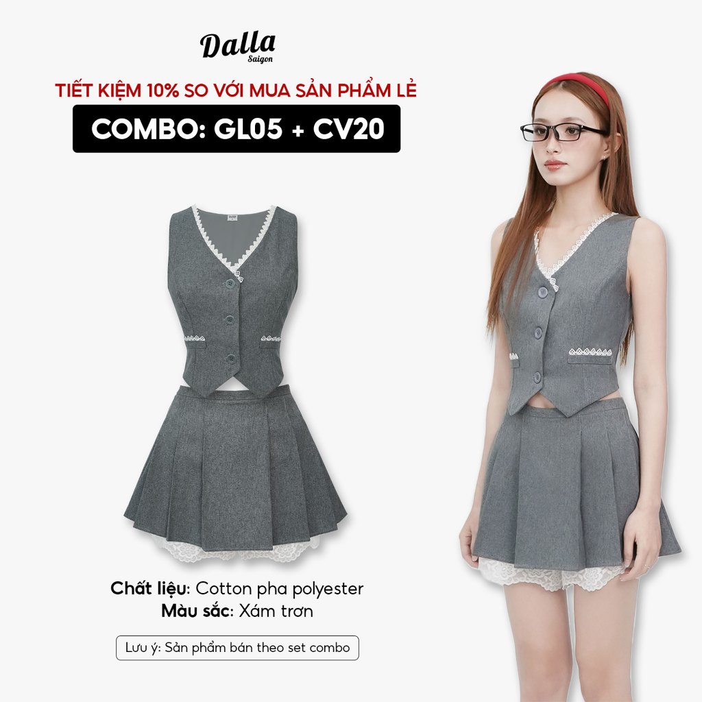 DALLA Combo Gile cổ V phom ôm phối ren & Chân váy ngắn xếp ly phối ren (GL05+CV20)