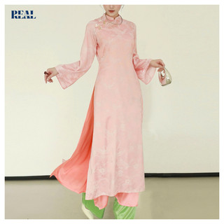 Áo dài 2 tà nút hoa tay loe hồng hạc REAL CLOTHES, tươi sáng, thanh lịch, sang trọng