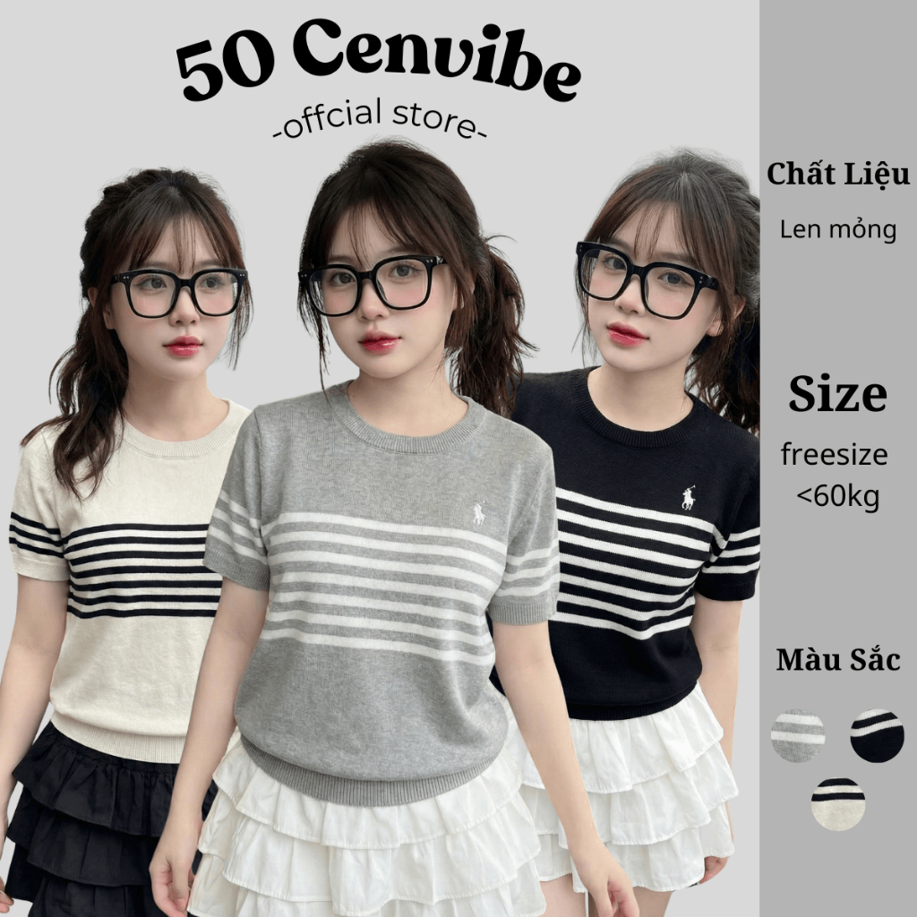 Áo Len Mongtoghi Cộc Tay Cổ Tròn, Trơn Dệt Kim Pha Sọc Ngang Dáng Vừa Cách Ulzzang (50 Cenvibe.Cloth