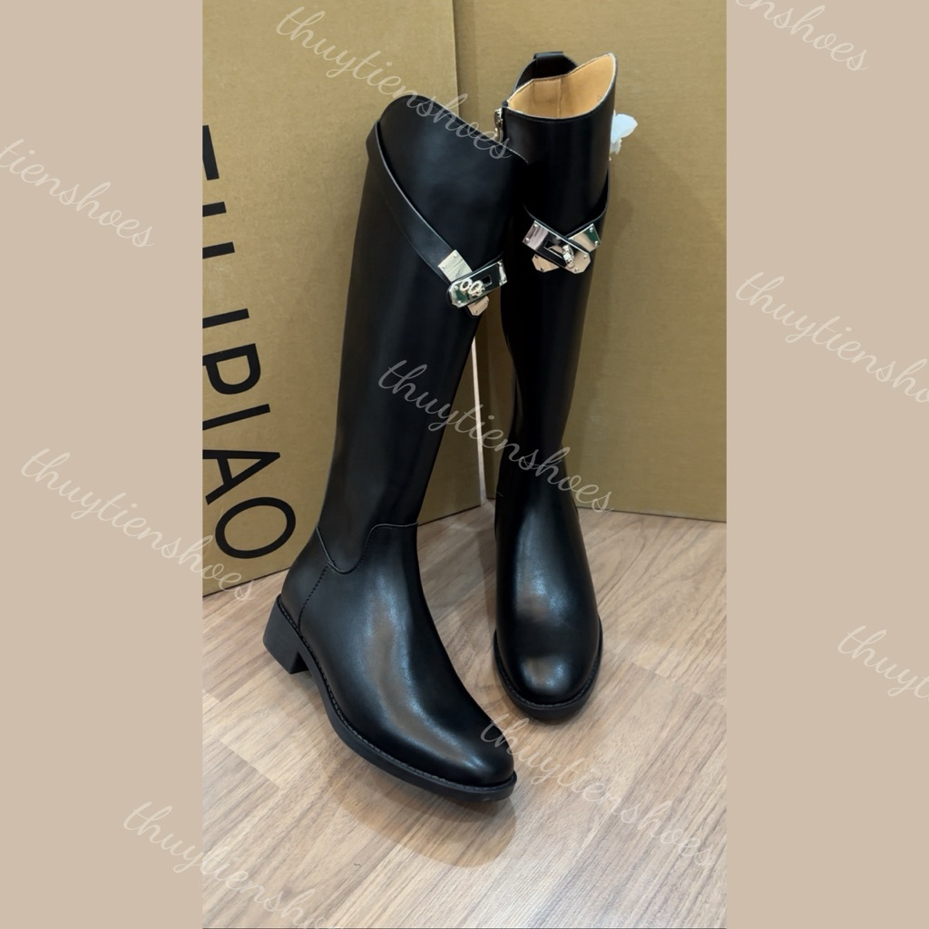 Giày bốt nữ thời trang da thật boot cổ cao gối mũi tròn khoá kim loại bốt nữ thu đông.Thuytienshoes
