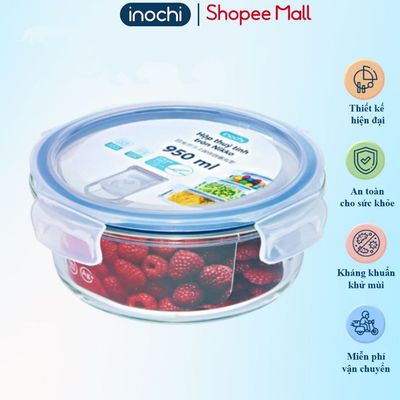 Hộp cơm thủy tinh tròn 1 ngăn 950 ml, đựng thức ăn văn phòng, thực phẩm, Inochi , chịu nhiệt cao
