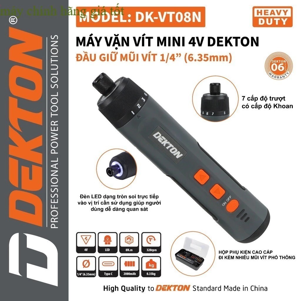 Máy vặn vít mini dùng pin 4V Dekton DK-VT08PLUS, 7 Cấp Độ Trượt, Lực Siết 8Nm, Cổng Sạc Type C 4V