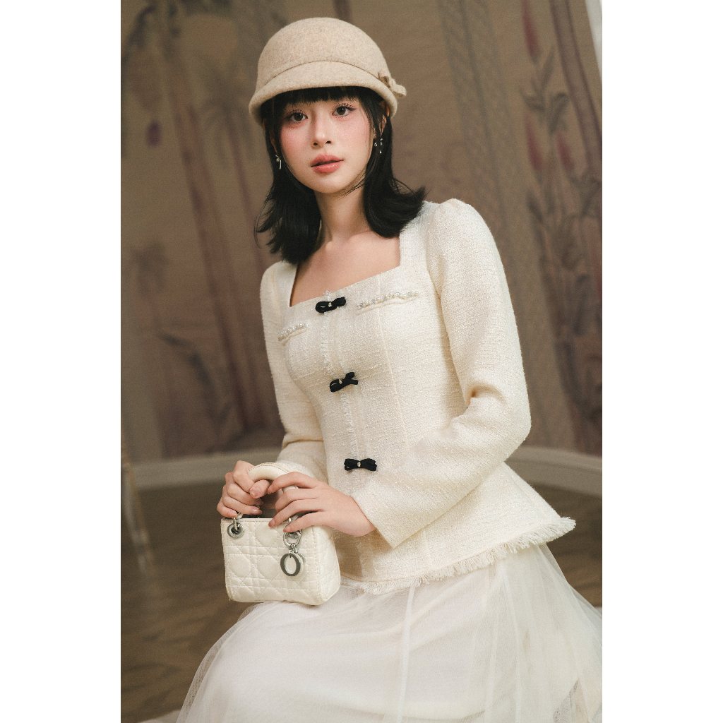 ZAMYSHOP - Áo thiết kế dạ dài tay phối nơ, áo xinh đi chơi, đi tiệc