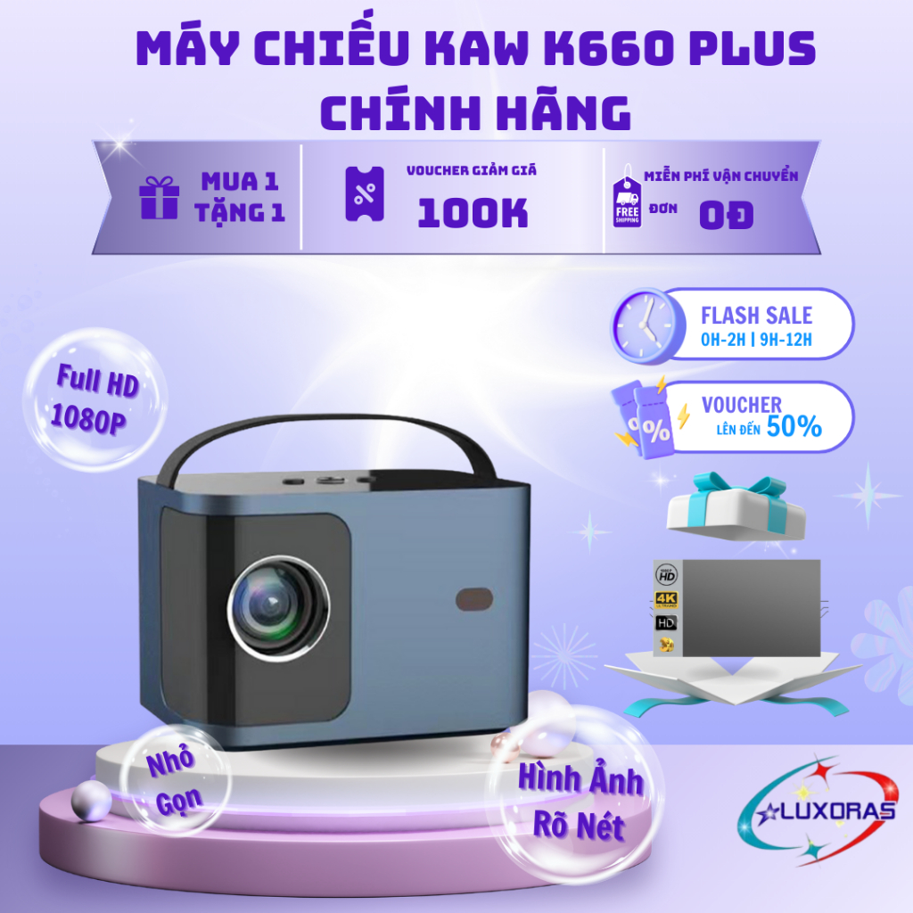 Máy Chiếu K660 Plus – Full HD 1080P, 250 ANSI, HDR10, Wifi 5G, Lấy Nét Nhanh, Màn Hình 60–200 inch, 