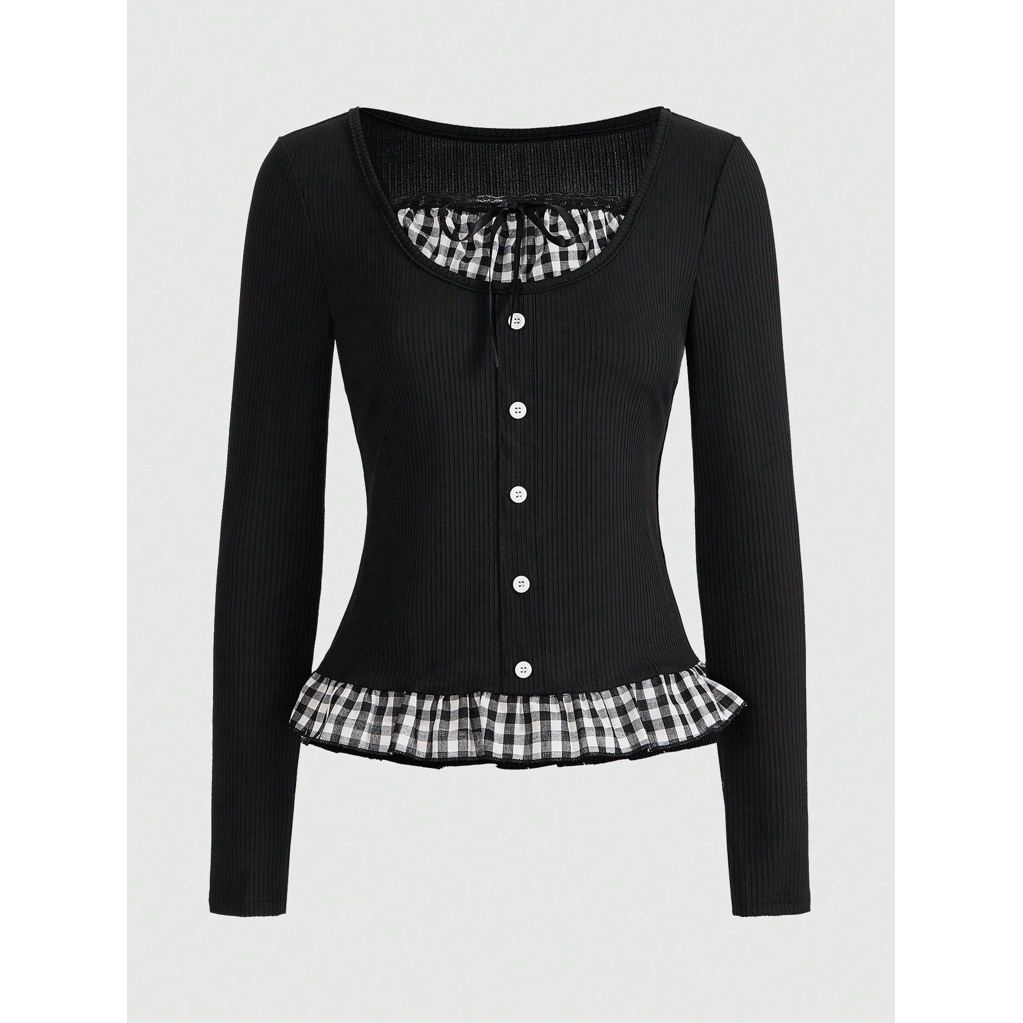 Kawaii Retro Top / Áo Tay Dài Bèo Caro Himekaji Style / Burn the Earth