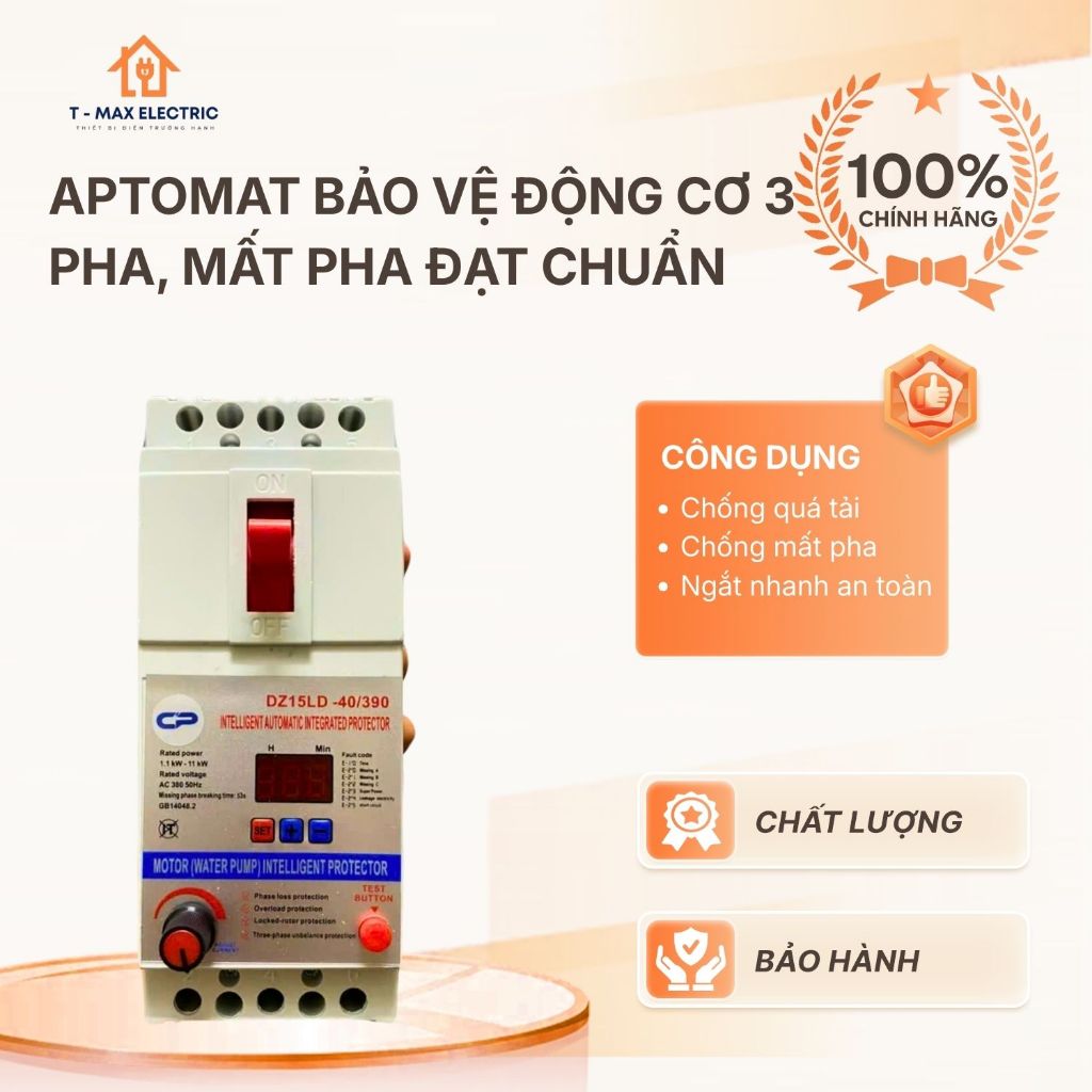 Aptomat 3 pha 380V ,hẹn thời gian chạy, chống giật, chống mất pha,bảo vệ quá tải động cơ có thể điều