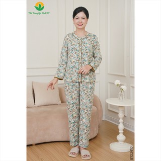  Đồ bộ tole lanh trung niên Việt Thắng quần dài áo dài tay họa tiết hoa nhí B10.2410 