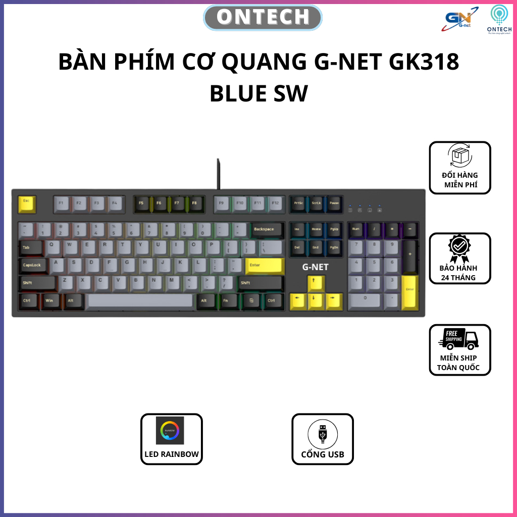 Bàn Phím Cơ Quang Gaming G-Net GK318 Led Rainbow Chống Nước , Chuyên Game , Bảo Hành 2 Năm Mix màu