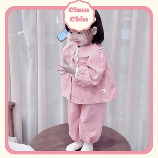  S252 Chun Chin | Set Pyjama Áo Babydoll Cổ Tròn Thắt Nơ Quần Bo Gấu Cho Bé Gái 9-21kg 