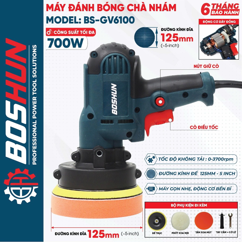 Máy Đánh Bóng Cầm Tay Boshun BS-GV6100, 700W, 6 Cấp Độ Tốc Độ, Đường Kính 125mm